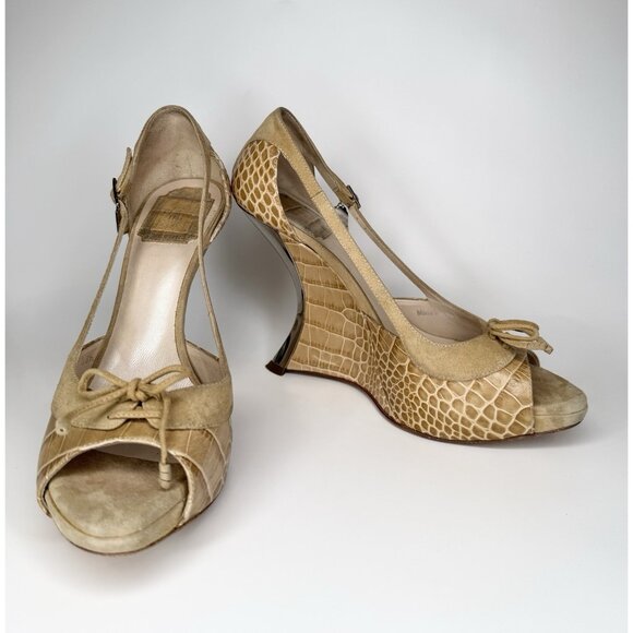 Vintage Dior Raf Simons 38.5 Beige Leather Suede Platform Heels - Picture 2 of 16